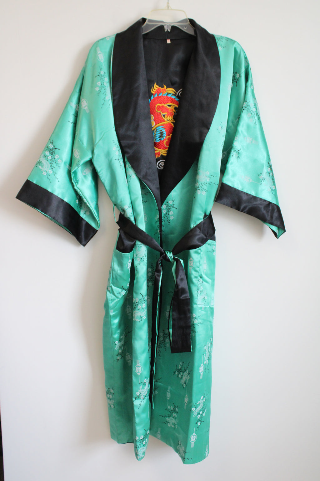 Green Satin Embroidered Dragon Kimono Style Robe | XL