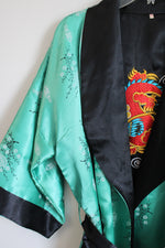 Green Satin Embroidered Dragon Kimono Style Robe | XL