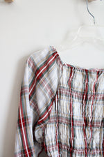 American Eagle Red Green & White Plaid Ruched Cropped Long Sleeved Top | L
