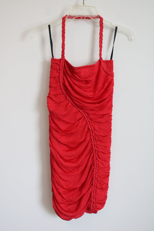 Bebe Red Pink Knit Stretch Ruched Halter Mini Dress | S