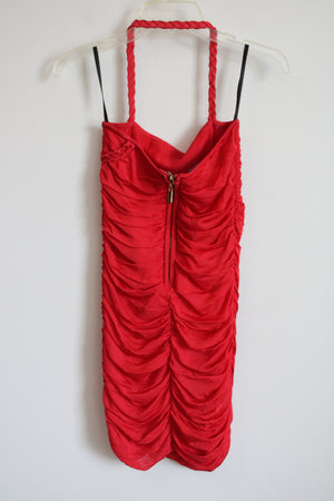 Bebe Red Pink Knit Stretch Ruched Halter Mini Dress | S