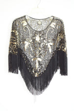 1920s Inspired Black and Gold Sequin Fringed Shawl | S