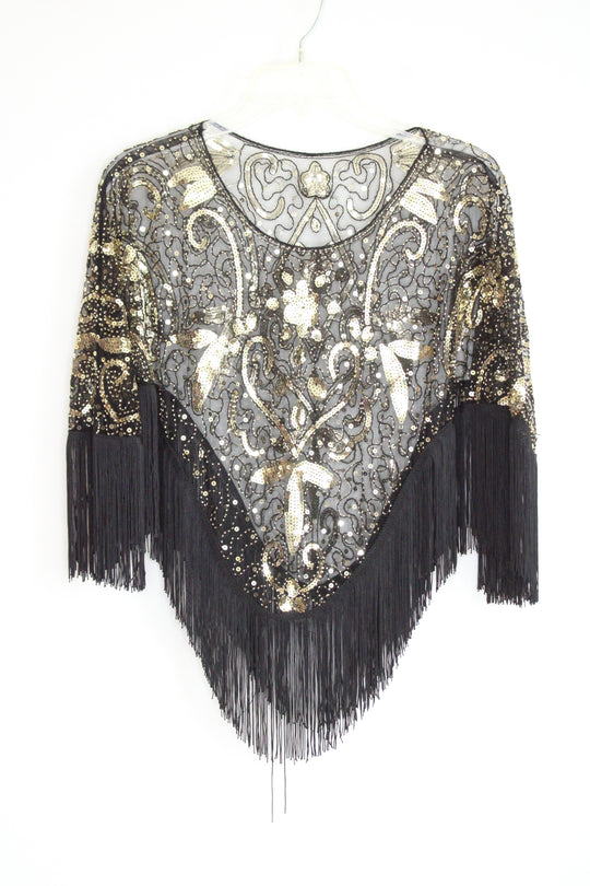1920s Inspired Black and Gold Sequin Fringed Shawl | S