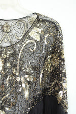 1920s Inspired Black and Gold Sequin Fringed Shawl | S