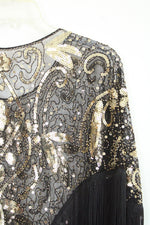 1920s Inspired Black and Gold Sequin Fringed Shawl | S