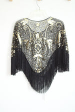 1920s Inspired Black and Gold Sequin Fringed Shawl | S