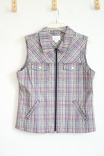 Christopher & Banks Stretch Pink & Gray Plaid Zip Up Vest | M