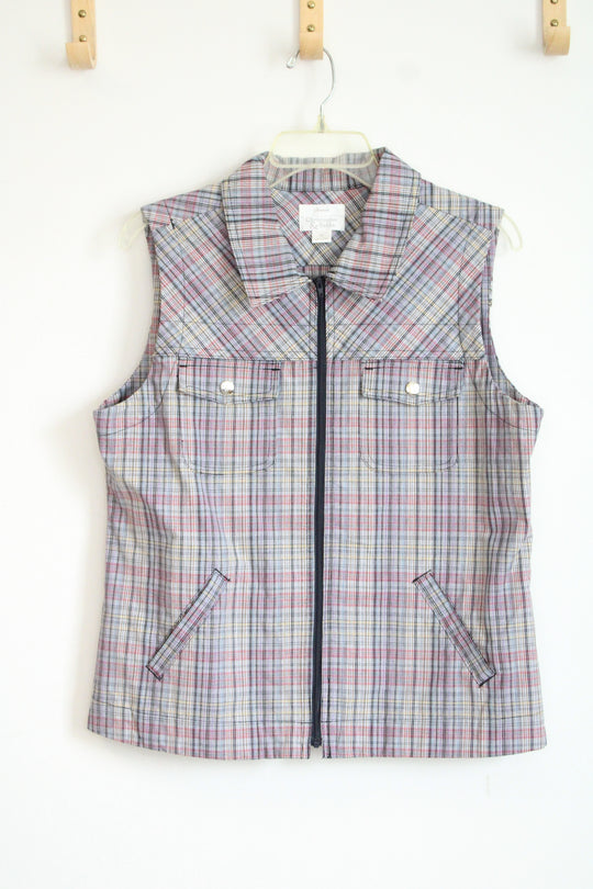 Christopher & Banks Stretch Pink & Gray Plaid Zip Up Vest | M