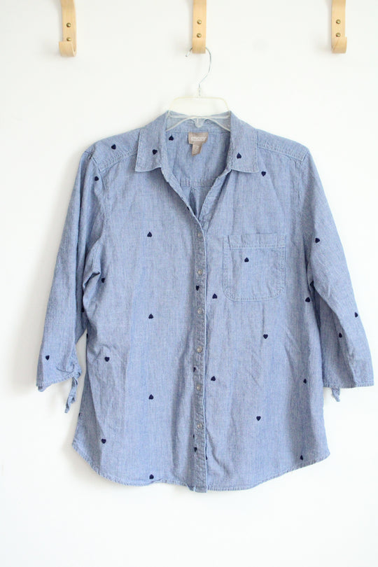 Chico's Blue and White Striped Embroidered Heart Pattern Shirt | 2