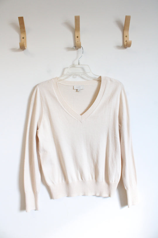LOFT Cream Knit V-Neck Sweater | M