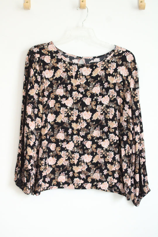 Jason Wu Black and Gold Foil Floral Print With Lace Trim Blouse | XL