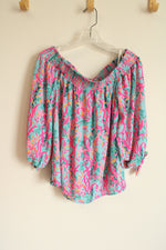 Lilly Pulitzer Blue Pink Floral Bare Shoulder Blouse | M