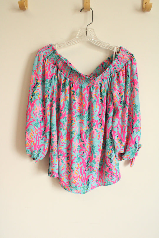 Lilly Pulitzer Blue Pink Floral Bare Shoulder Blouse | M