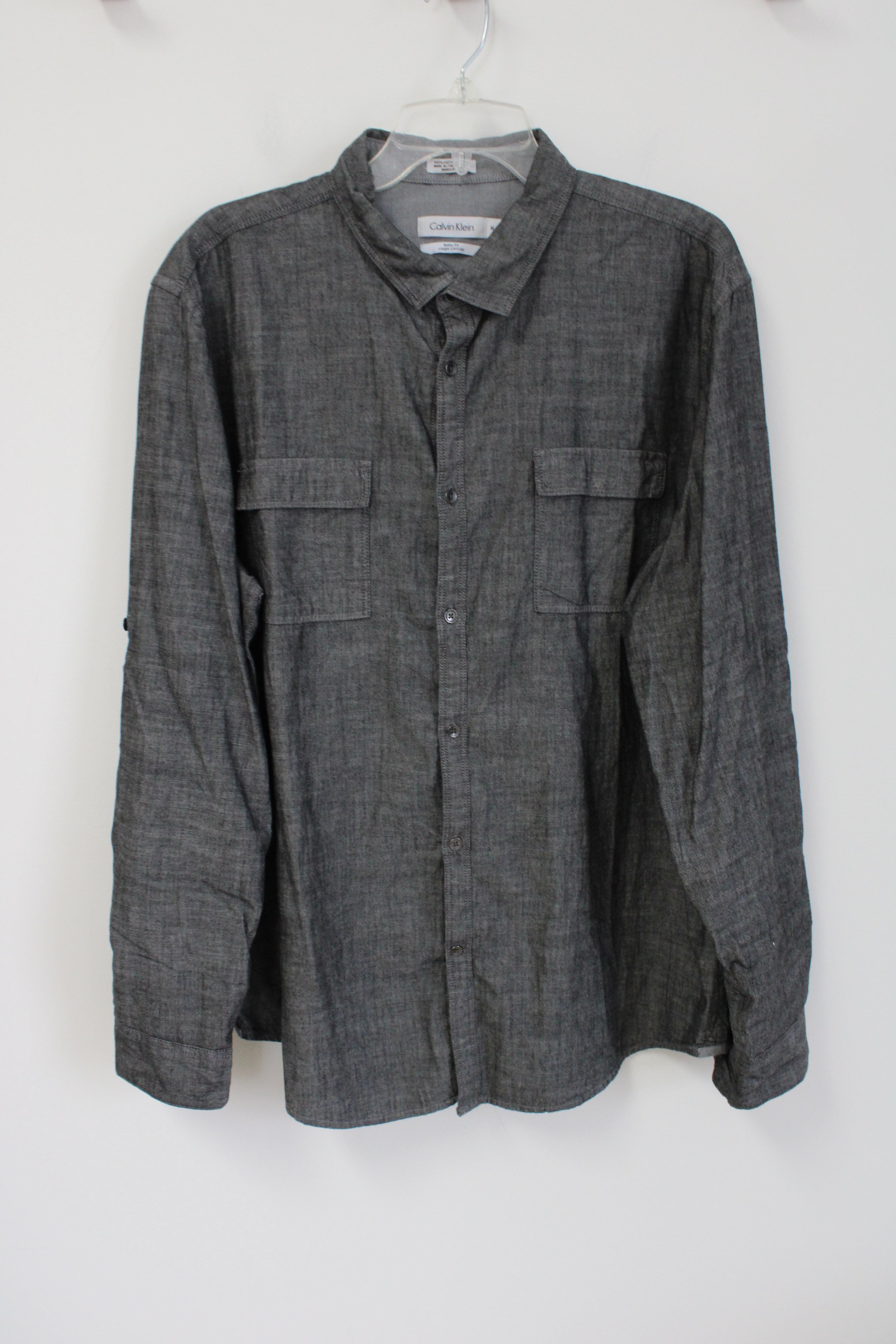 Calvin Klein Body Fit Dark Gray Cotton Button Down Shirt | XL