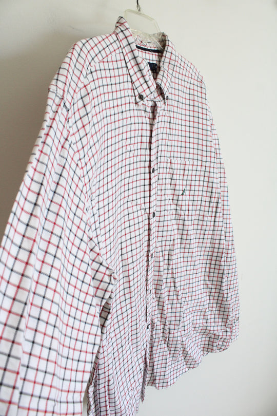 Nautica White Black & Red Plaid Button Down Shirt | XXL