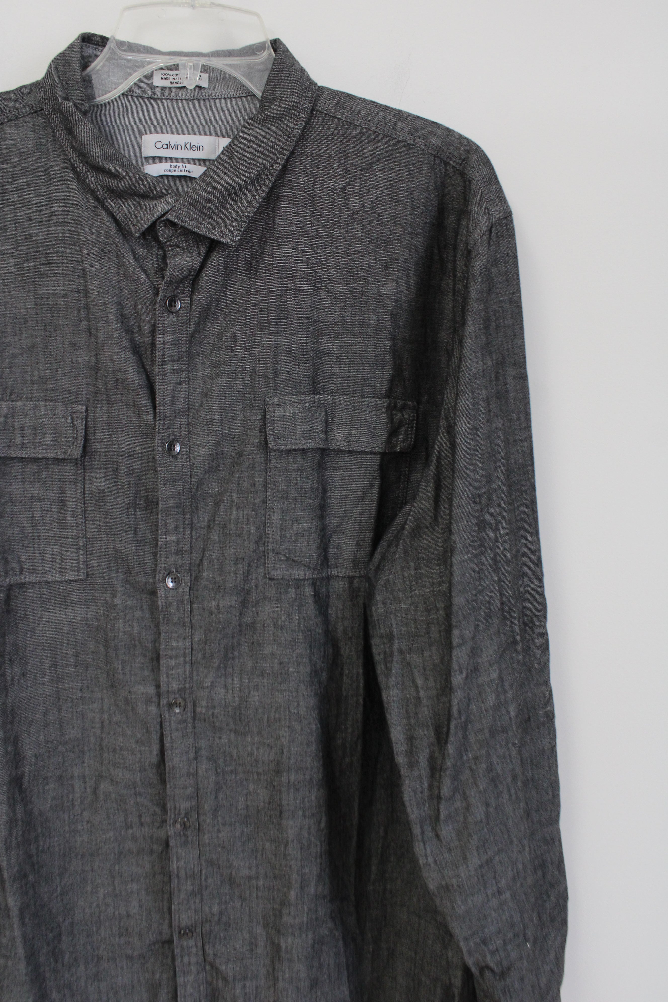 Calvin Klein Body Fit Dark Gray Cotton Button Down Shirt | XL