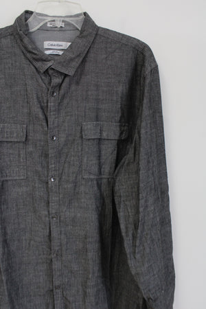 Calvin Klein Body Fit Dark Gray Cotton Button Down Shirt | XL