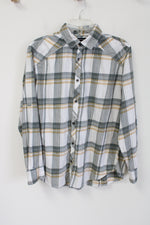 International Concepts White Yellow Green Plaid Button Down Shirt | M