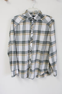 International Concepts White Yellow Green Plaid Button Down Shirt | M