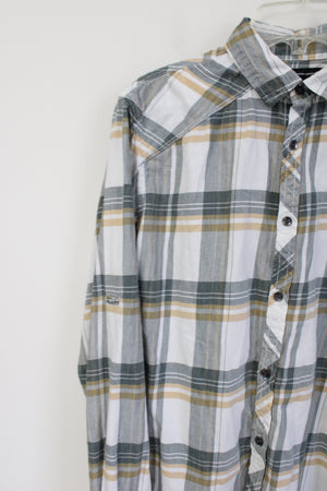 International Concepts White Yellow Green Plaid Button Down Shirt | M