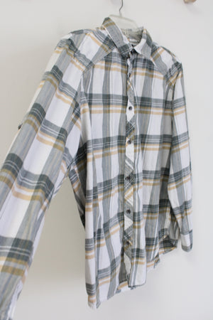 International Concepts White Yellow Green Plaid Button Down Shirt | M