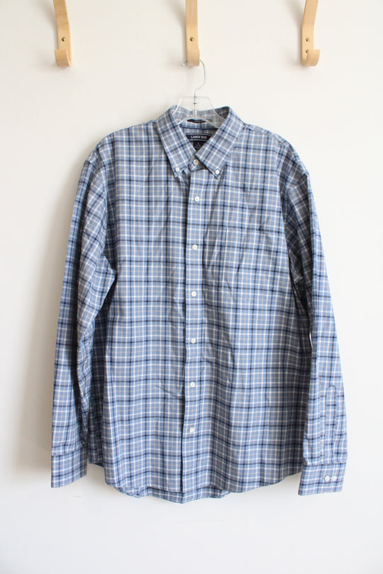 Lands' End Traditional Fit Blue Black Gray & White Plaid Button Down Shirt | L