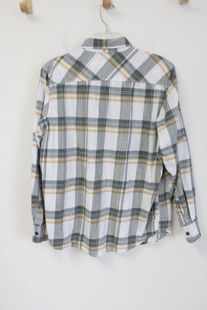 International Concepts White Yellow Green Plaid Button Down Shirt | M