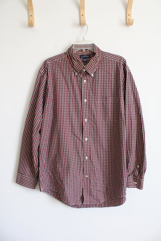 Lands' End Tailored Fit Red Green & Navy Plaid Button Down Shirt | 17.5/34