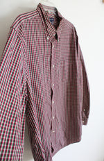 Lands' End Tailored Fit Red Green & Navy Plaid Button Down Shirt | 17.5/34