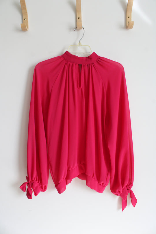 New York & Company 7th Street Design Fuchsia Mock Neck Sheer Long Sleeved Top | L