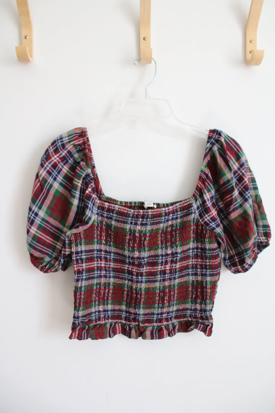 American Eagle Navy Green Red & Yellow Plaid Ruched Cropped Top | M