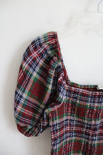 American Eagle Navy Green Red & Yellow Plaid Ruched Cropped Top | M