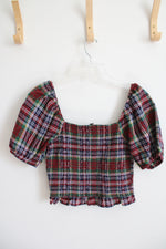 American Eagle Navy Green Red & Yellow Plaid Ruched Cropped Top | M