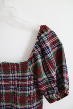 American Eagle Navy Green Red & Yellow Plaid Ruched Cropped Top | M