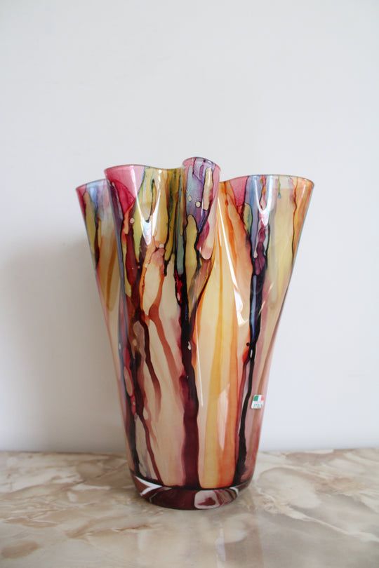 Vintage Murano Colorful Hand Painted Ruffled Vase | 12"