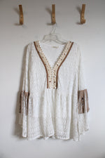 Luxe Moda Cream Lace Boho Beaded Bell Sleeve Top | L