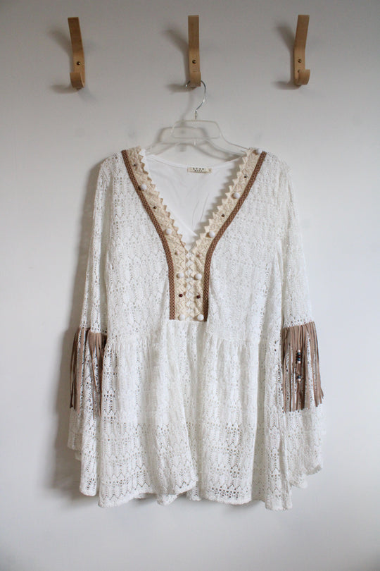 Luxe Moda Cream Lace Boho Beaded Bell Sleeve Top | L