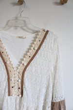 Luxe Moda Cream Lace Boho Beaded Bell Sleeve Top | L