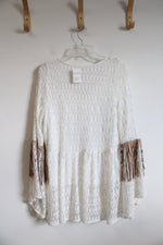 Luxe Moda Cream Lace Boho Beaded Bell Sleeve Top | L