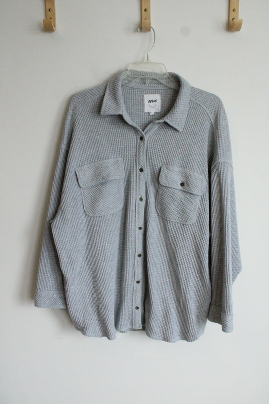 Aerie Waffle Knit Button Down Long Sleeved Oversized Shirt | L