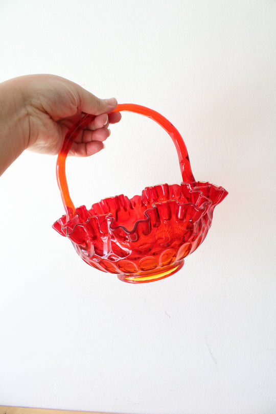 Fenton Ruby Red Thumbprint Ruffled Edge Glass Basket