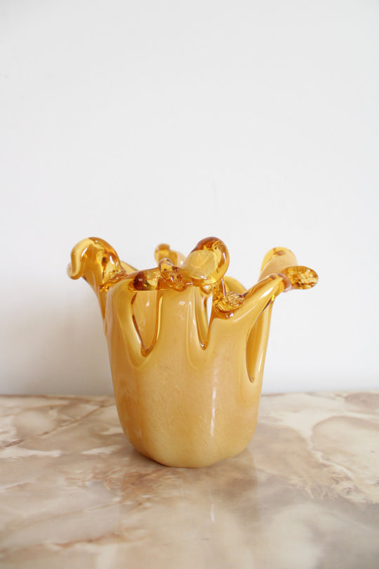 Vintage Murano White Cristal Honey Yellow Swirl Vase | 4.5"