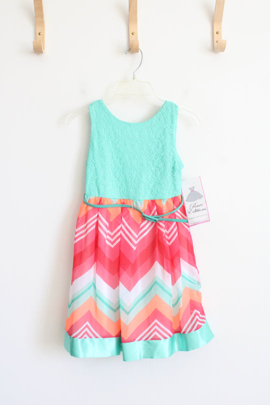 NEW Rare Editions Teal Lace Pink & Orange Chevron Belted Dress | Youth 6