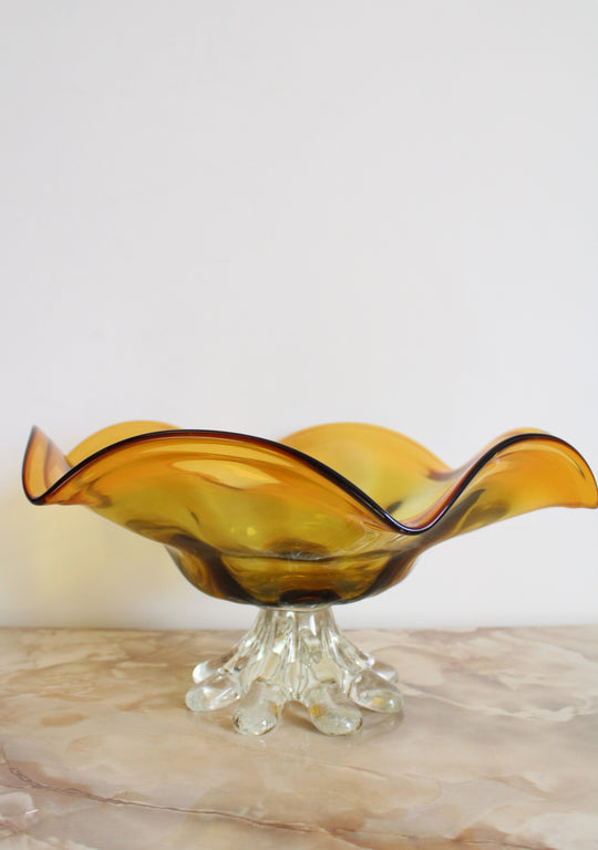 Vintage Large Amber Ruffled Edged Glass Pedestal Bowl