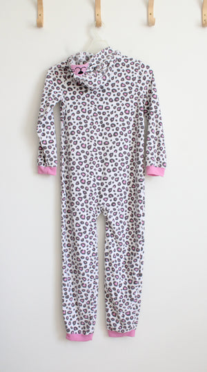 Carter's White Pink & Gray Leopard Print Fuzzy Hooded Onesie | Youth 14