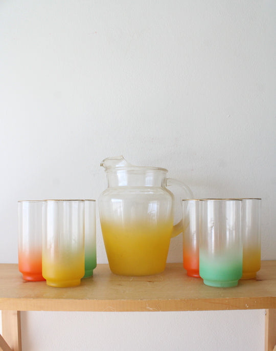 Vintage Blendo Frosted Ombre Colorful Pitcher & Glass Set | Set Of 7