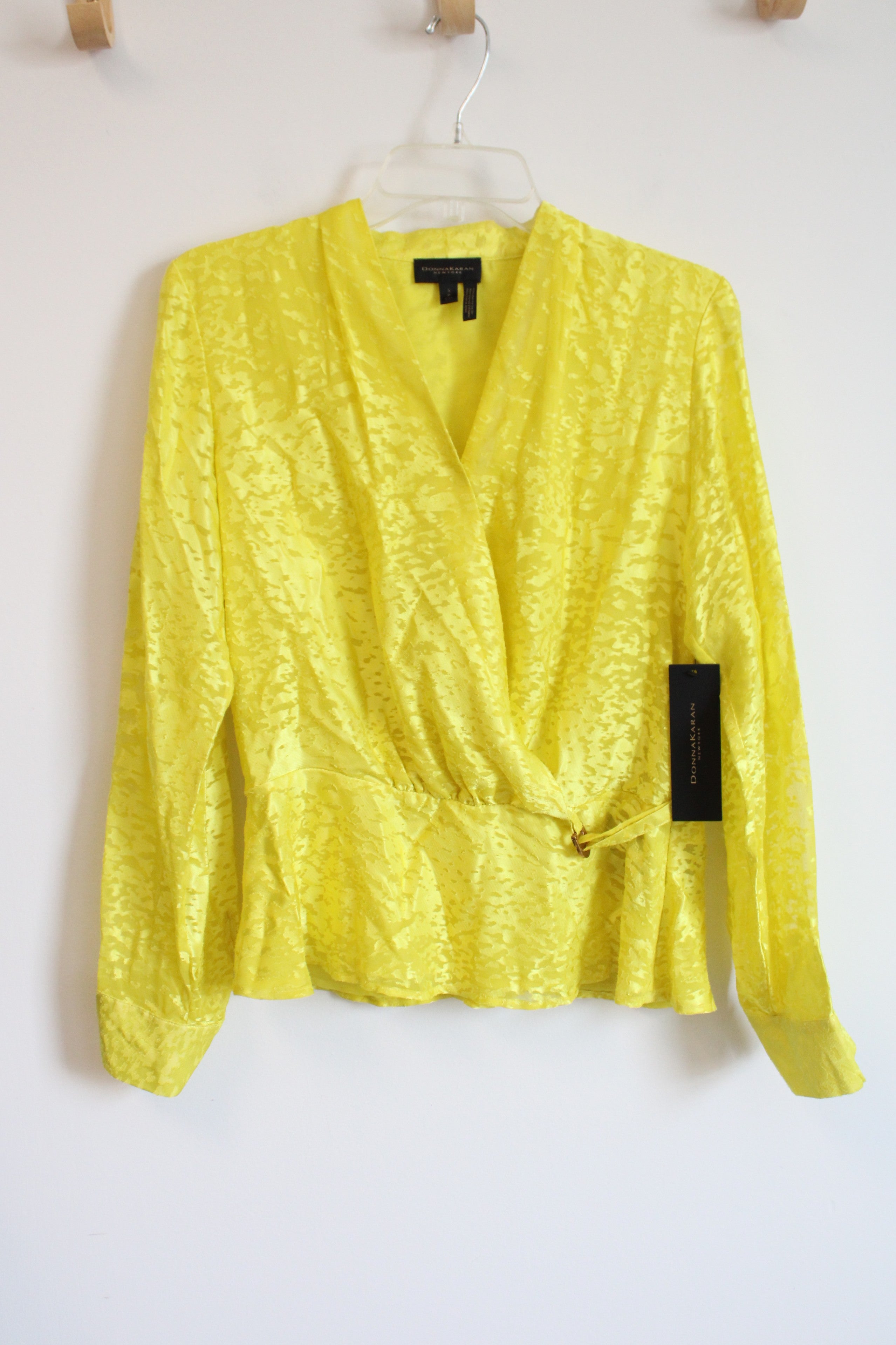 NEW Donna Karan Yellow Faux Wrap Peplum Top | S