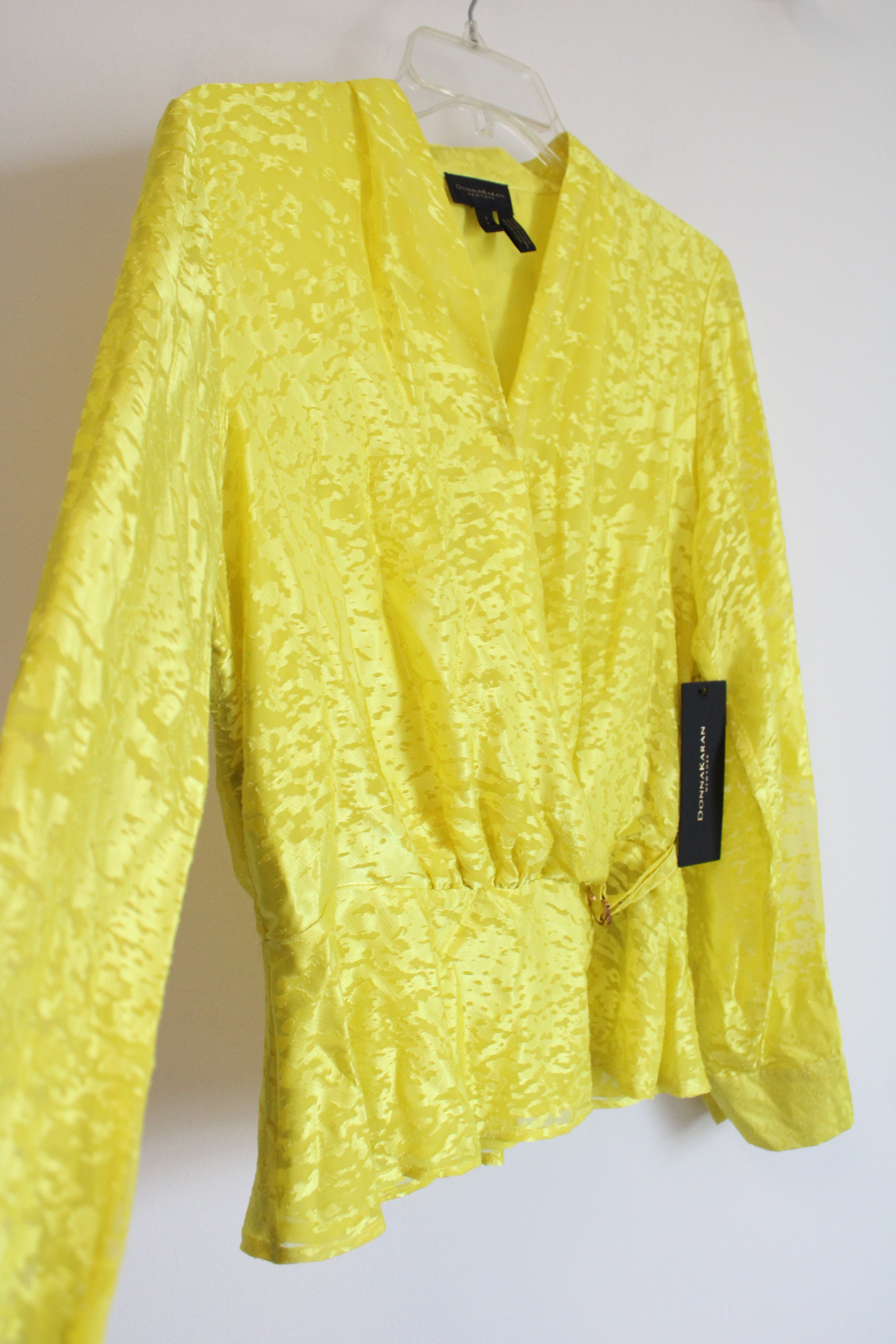 NEW Donna Karan Yellow Faux Wrap Peplum Top | S
