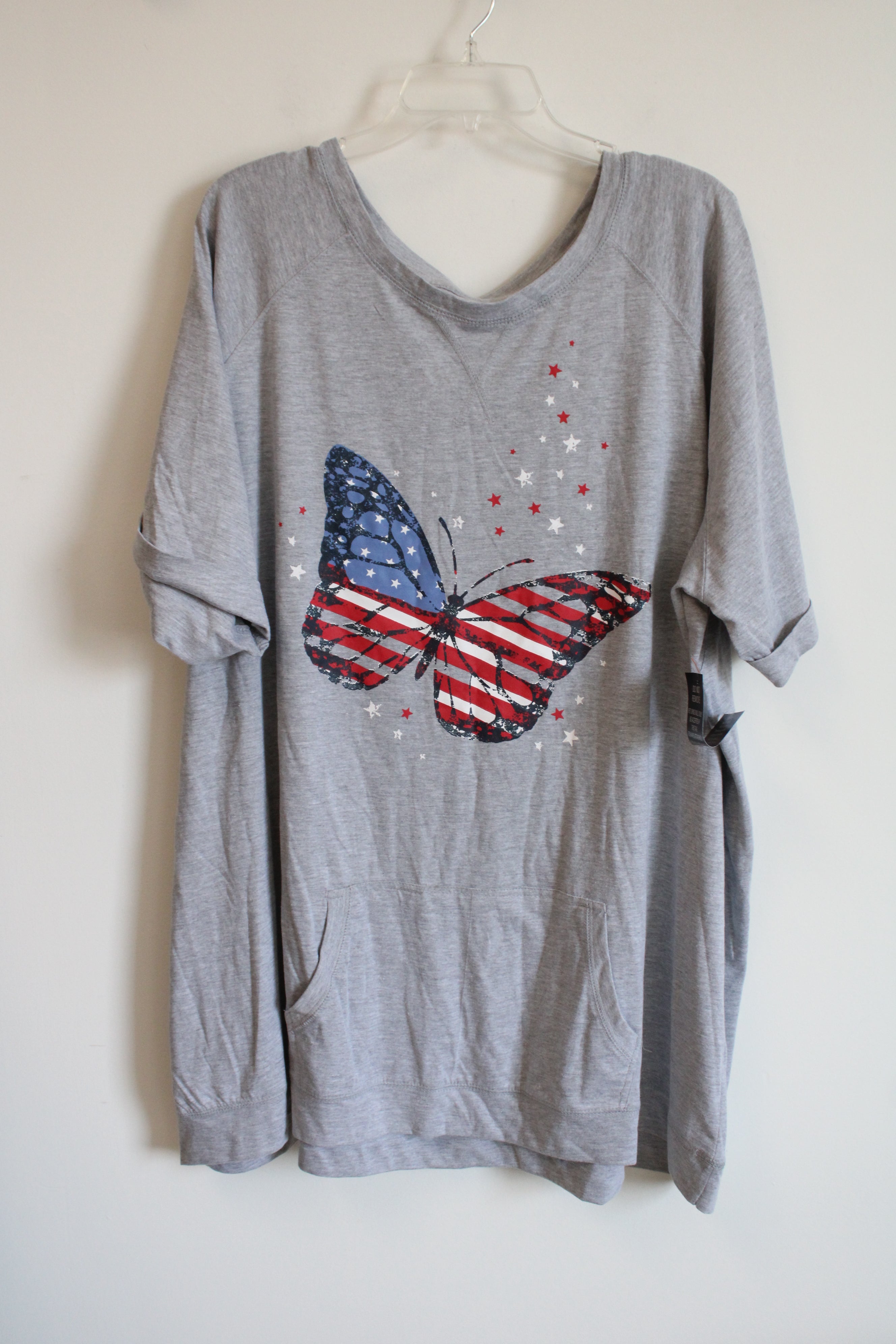 NEW Woman Within Gray American Flag Butterfly Front Pocket Top | 3X