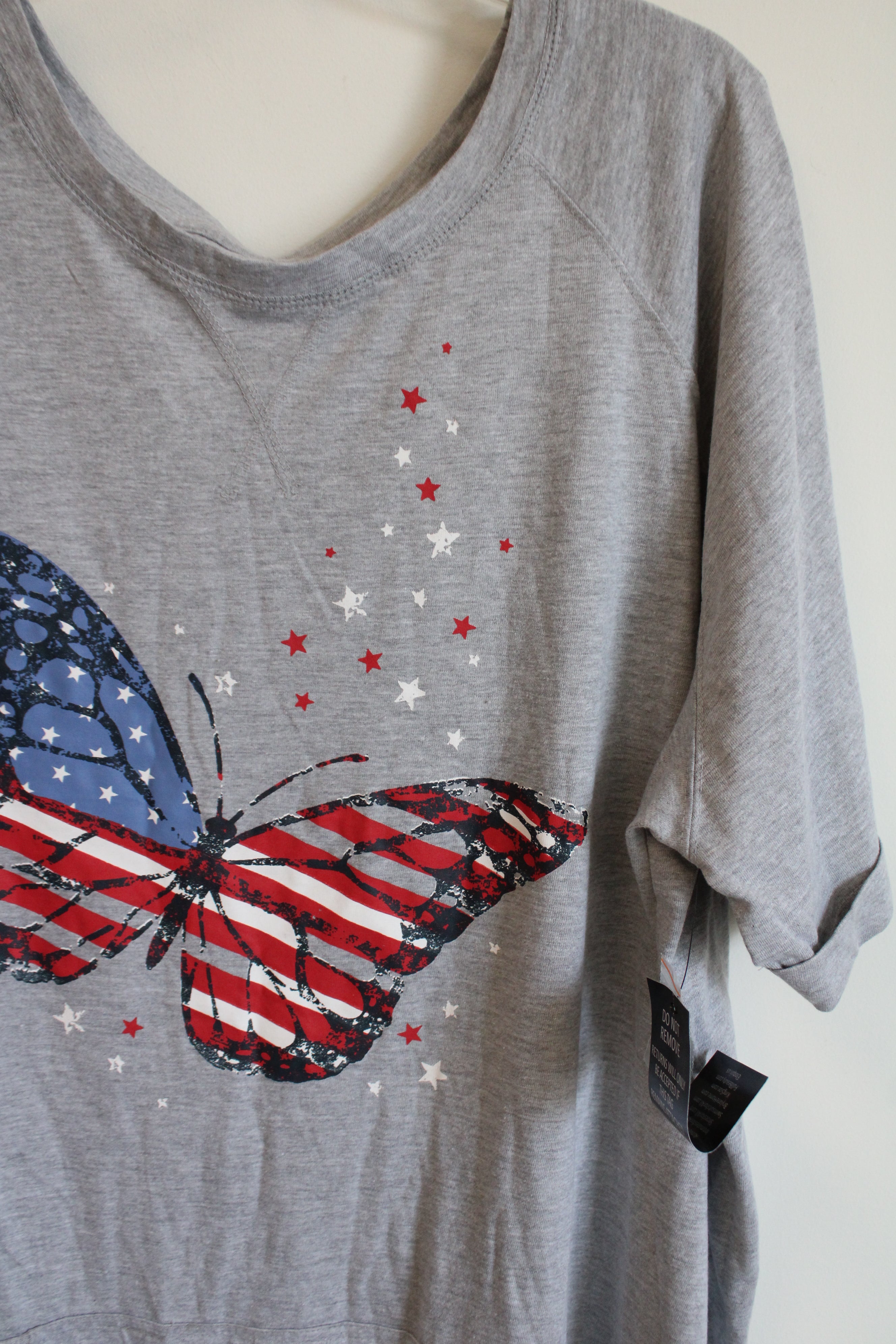 NEW Woman Within Gray American Flag Butterfly Front Pocket Top | 3X